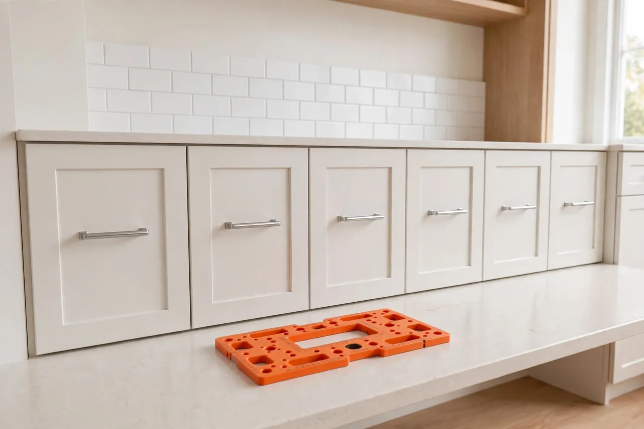 A finished bank of kitchen drawers with evenly centered silver bar pulls all in a straight row