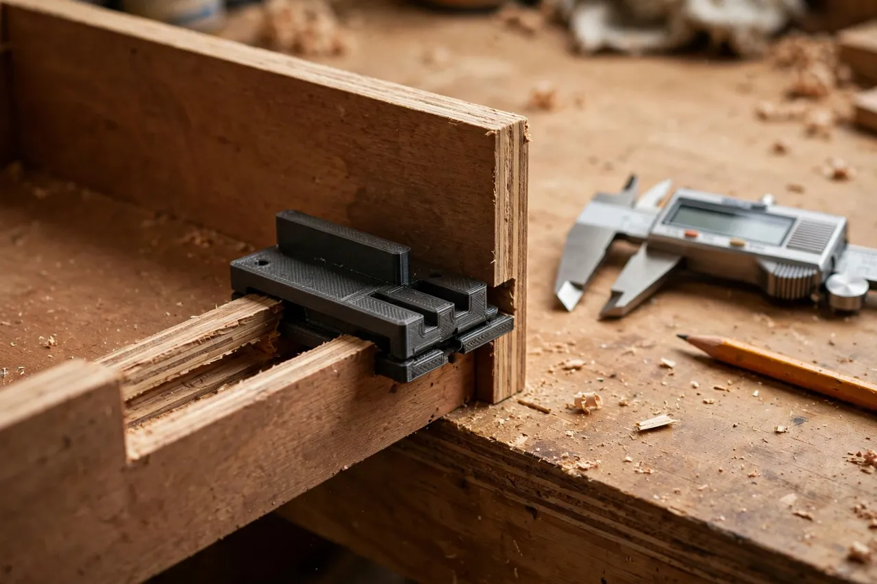 Close-up view of a 3D printed drawer slide adapter being test-fitted into the side of a medium-brown plywood drawer box on a workbench, calipers