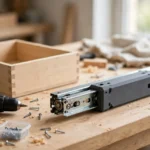 A bright home workshop scene on a light oak workbench