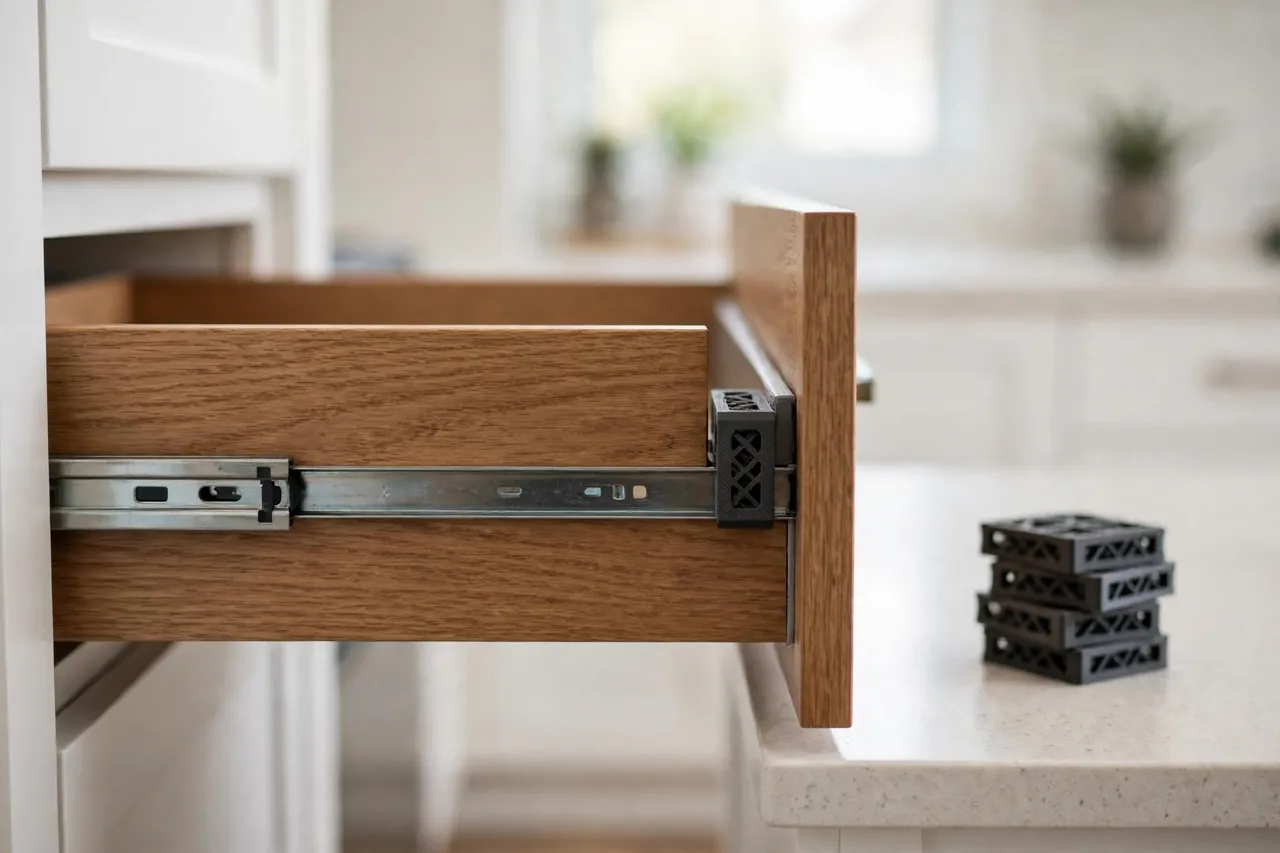 A finished wooden drawer sliding smoothly out of a kitchen cabinet, the printed adapter hidden neatly between slide and drawer side