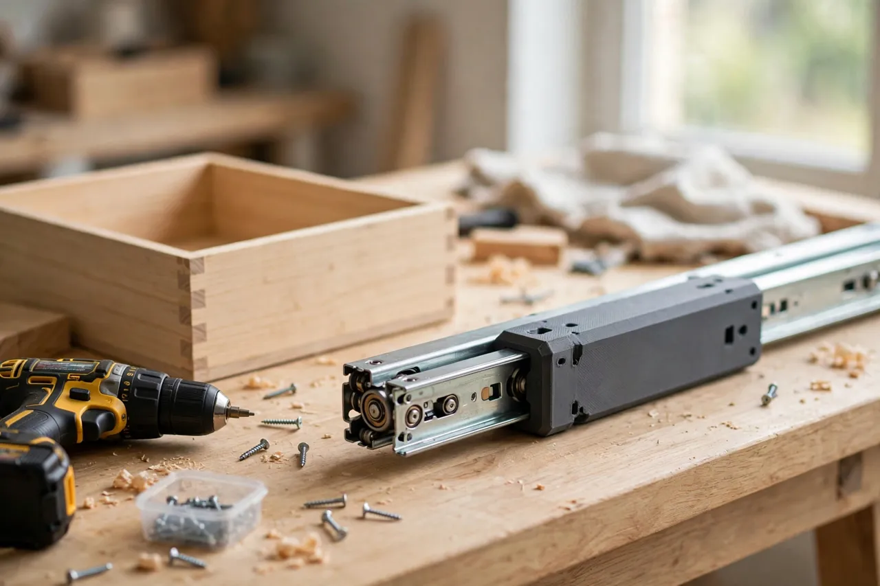 A bright home workshop scene on a light oak workbench