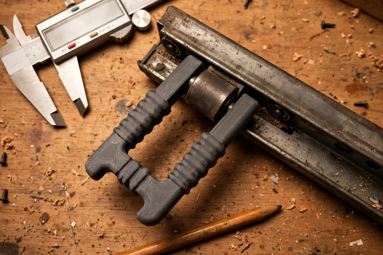 Close-up top-down view of a matte charcoal-gray 3D printed drawer slide roller puller tool being test-fitted against a worn drawer slide roller on a workbench, calipers and a pencil nearby, warm workshop lighting