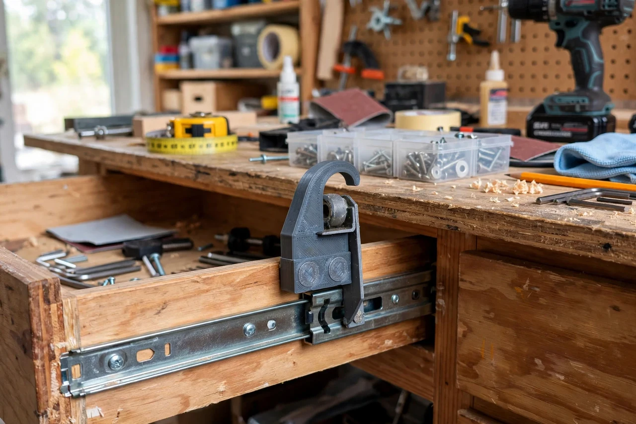 View of the finished 3D printed drawer slide roller puller tool in use on a home repair project on a workbench, tidy workshop background in soft focus, bright natural light