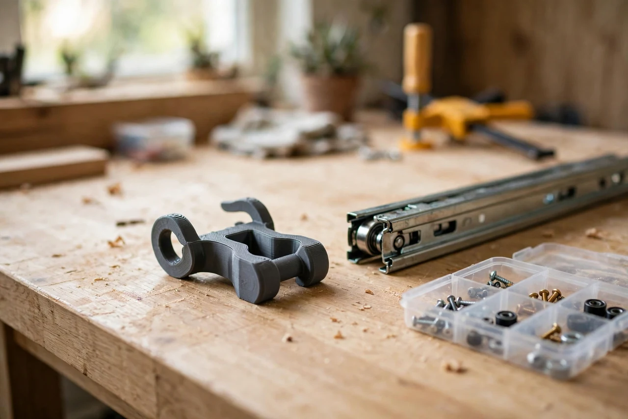 Home workshop scene on a light oak workbench, a matte charcoal-gray 3D printed drawer slide roller puller tool beside a drawer slide and a small parts tray, soft natural window light, shallow depth of field