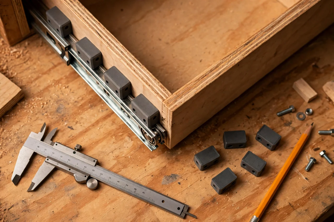 Close-up top-down view of a matte charcoal-gray 3D printed drawer slide spacers being test-fitted against drawer slides and a drawer box on a workbench, calipers and a pencil nearby, warm workshop lighting