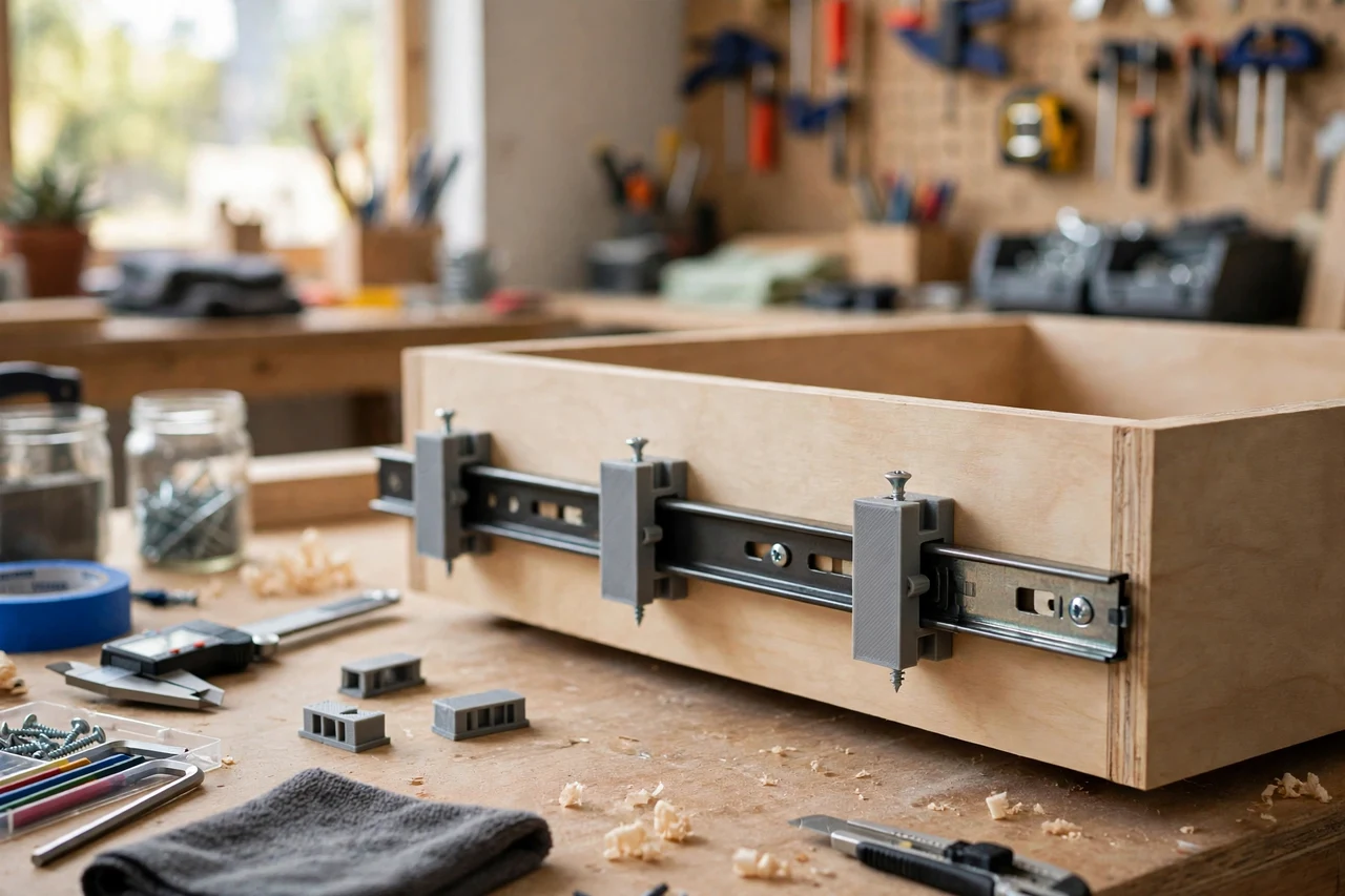 View of the finished 3D printed drawer slide spacers in use on a home improvement project on a workbench, tidy workshop background in soft focus, bright natural light