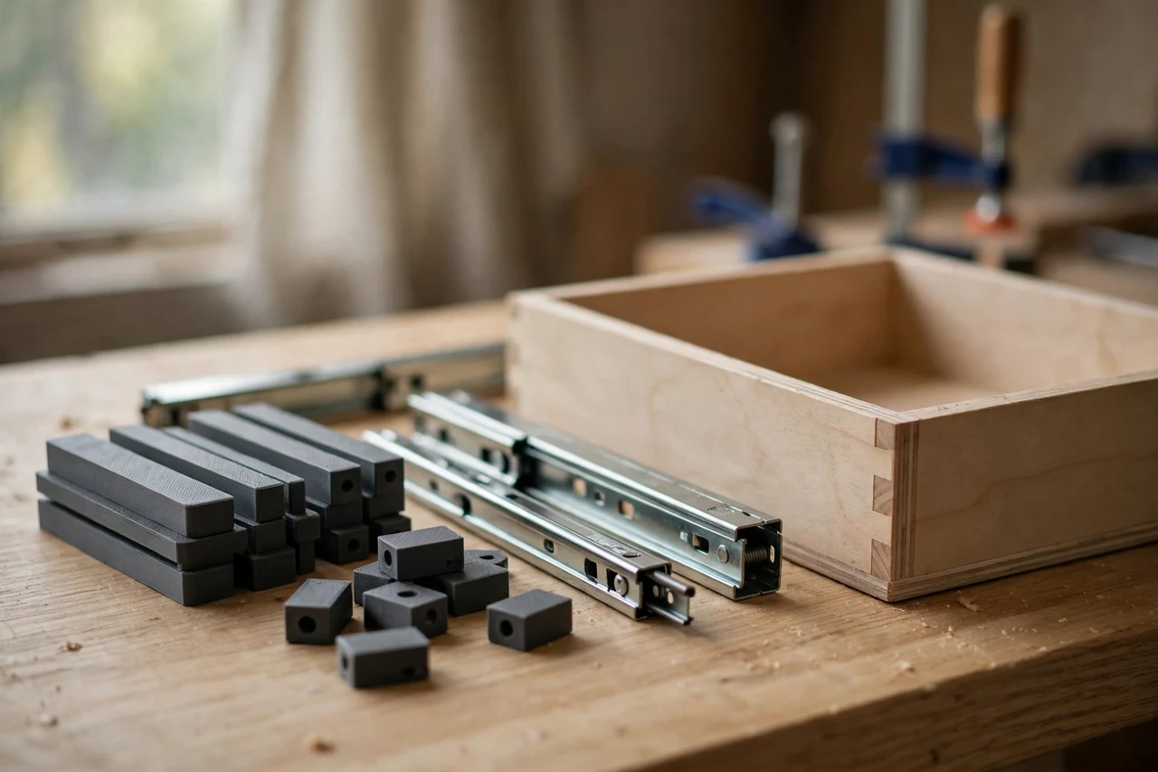 Home workshop scene on a light oak workbench, a matte charcoal-gray 3D printed drawer slide spacers beside drawer slides and a drawer box, soft natural window light, shallow depth of field