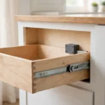 A bright kitchen scene, a wooden drawer half open with a matte charcoal-gray 3D printed stop block screwed inside the cabinet carcass behind