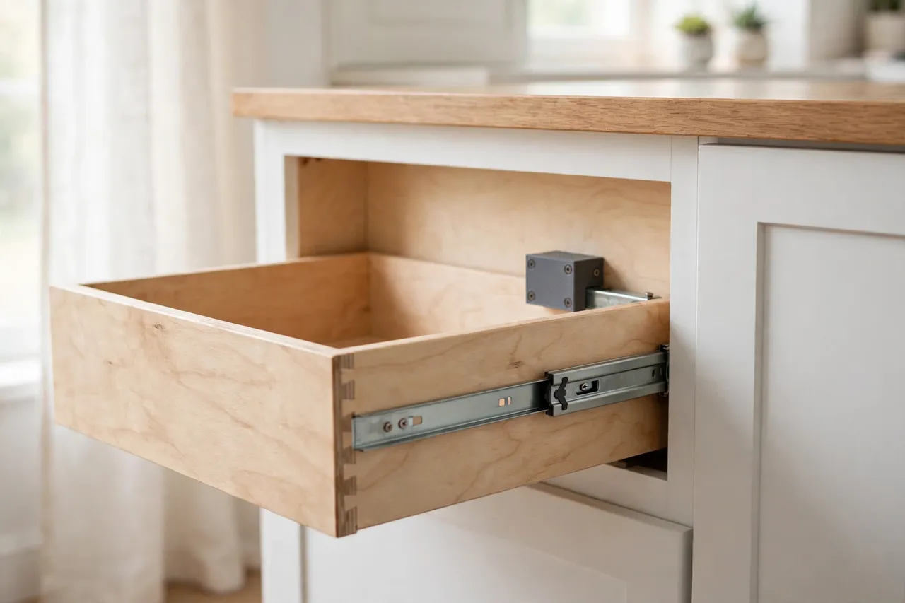 A bright kitchen scene, a wooden drawer half open with a matte charcoal-gray 3D printed stop block screwed inside the cabinet carcass behind