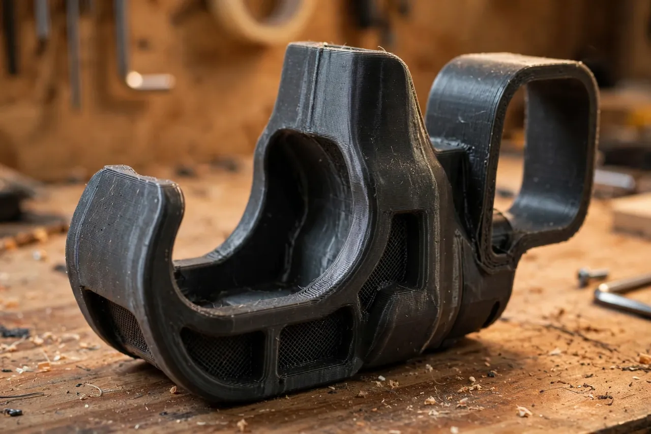 Close-up of a 3D printed drill holster showing the cradle that supports the drill body under its handle and the wide belt loop on the back panel