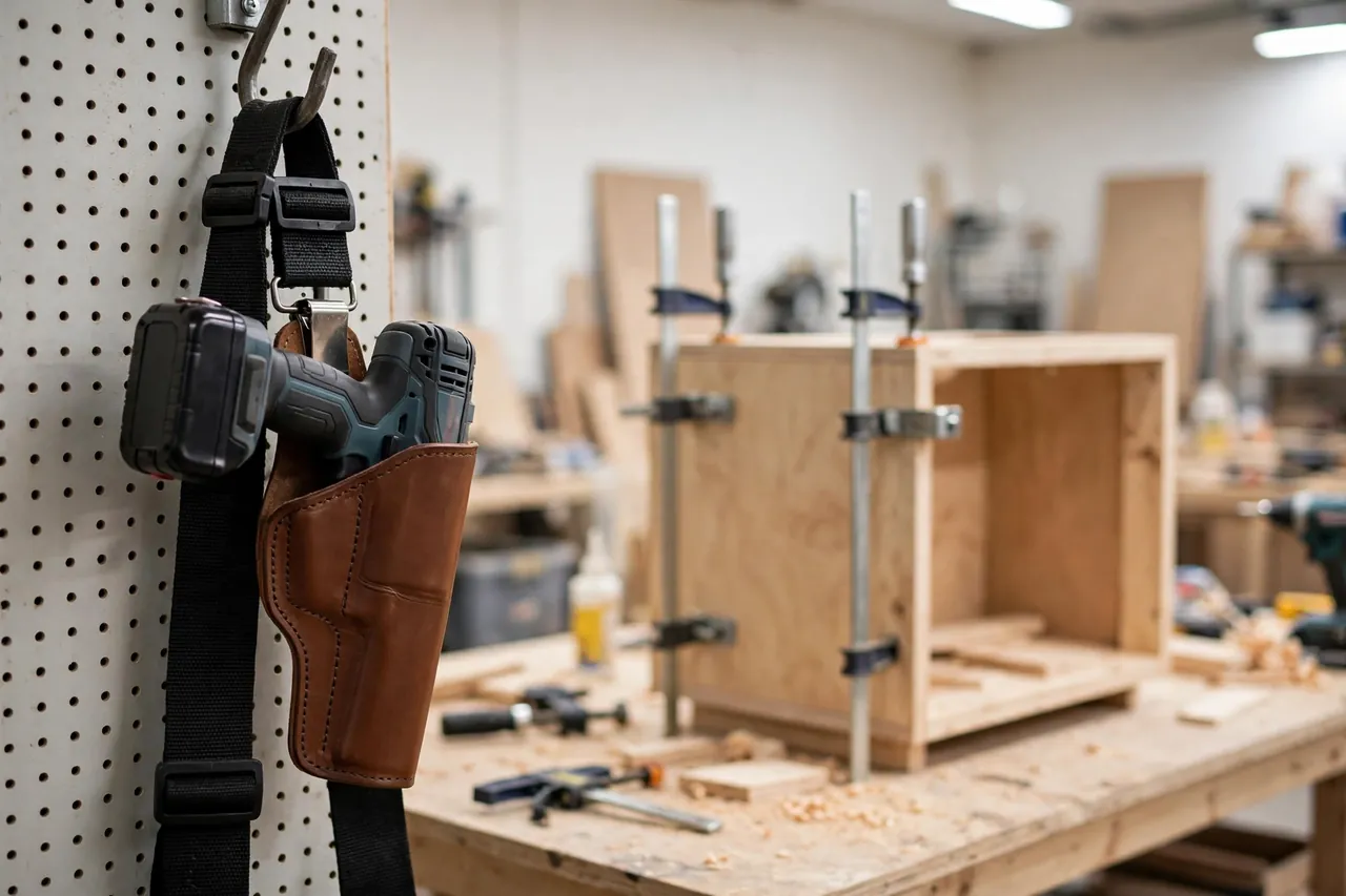 A finished holster clipped on a work belt hanging from a workshop hook with the drill parked in it