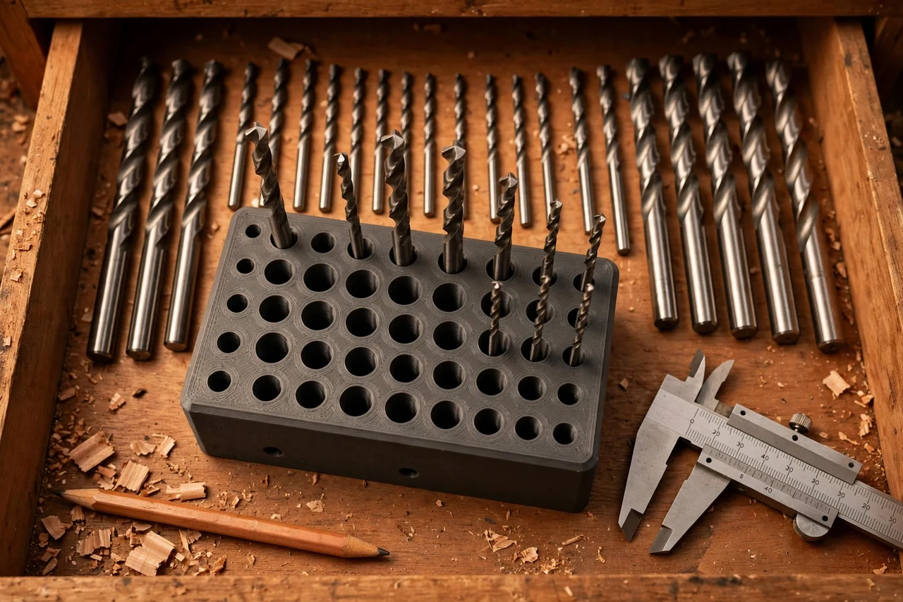 Close-up top-down view of a matte charcoal-gray 3D printed drill bit index holders being test-fitted against drill bits kept in size order in a drawer or case on a workbench, calipers and a pencil nearby, warm workshop lighting