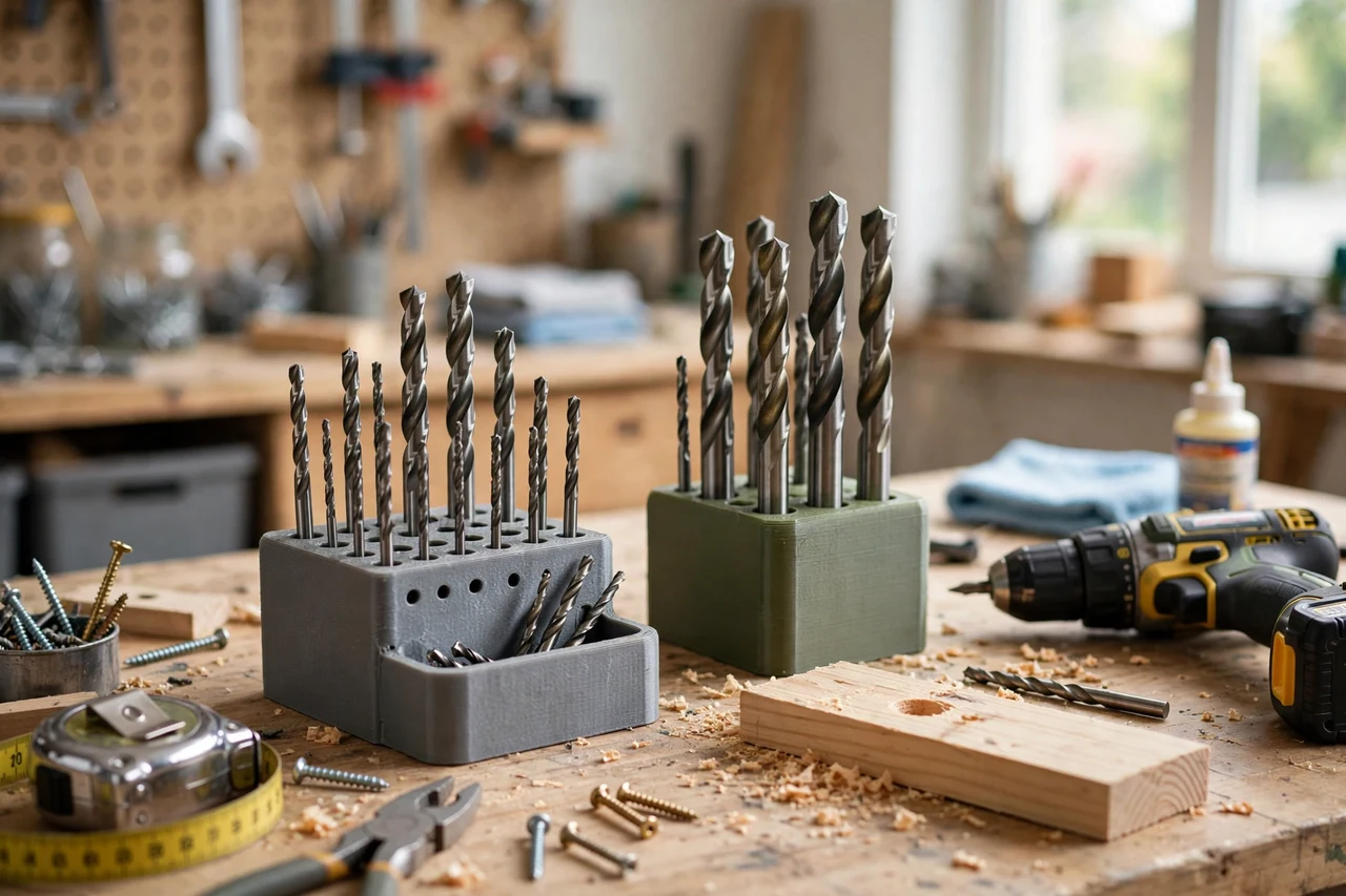 View of the finished 3D printed drill bit index holders in use on a home repair project on a workbench, tidy workshop background in soft focus, bright natural light