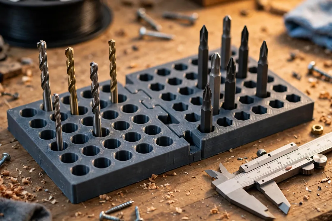 Close-up angled view of two interlocking 3D printed organizer tiles on a workbench