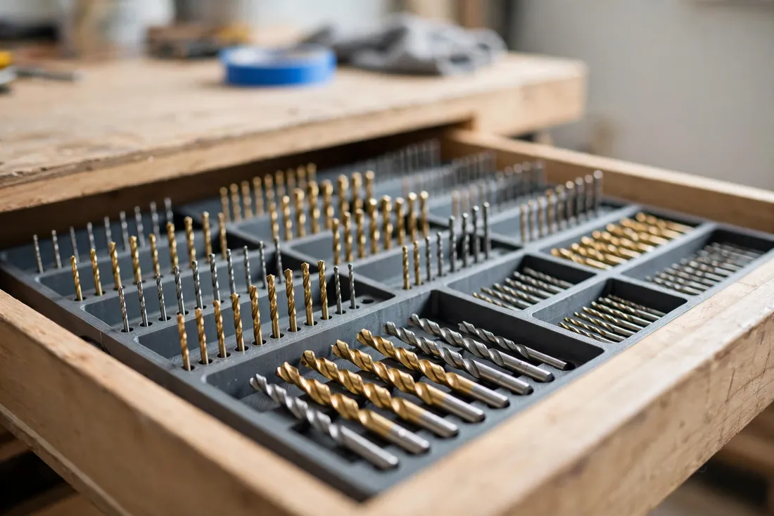 An open shallow tool drawer fitted with a flat 3D printed drill bit organizer insert, bits lying organized in labeled rows by size