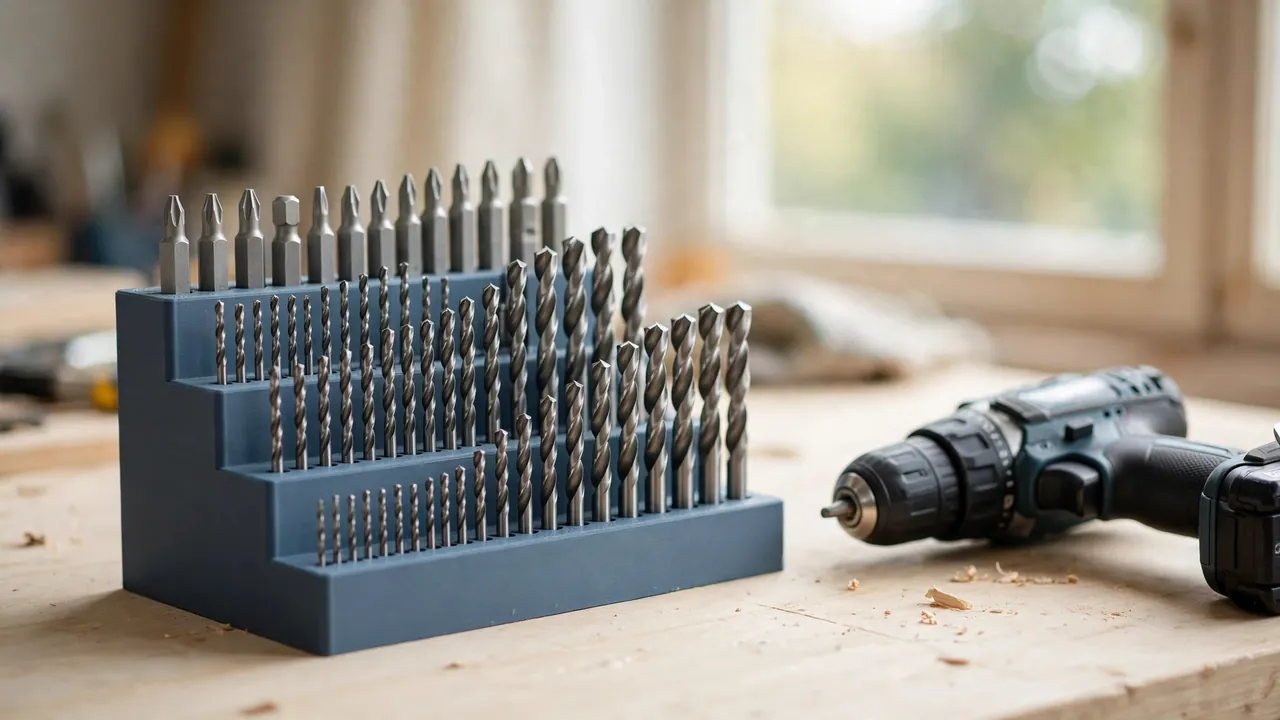 A bright workbench scene with a matte slate-blue 3D printed drill bit organizer in tiered rows