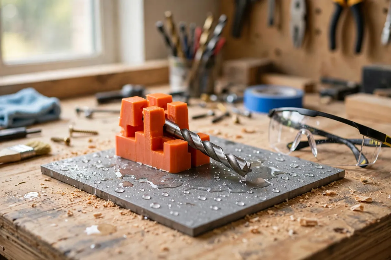 A bright home workshop scene with a matte orange 3D printed drill bit sharpening guide holding a steel twist bit against a flat diamond sharpening