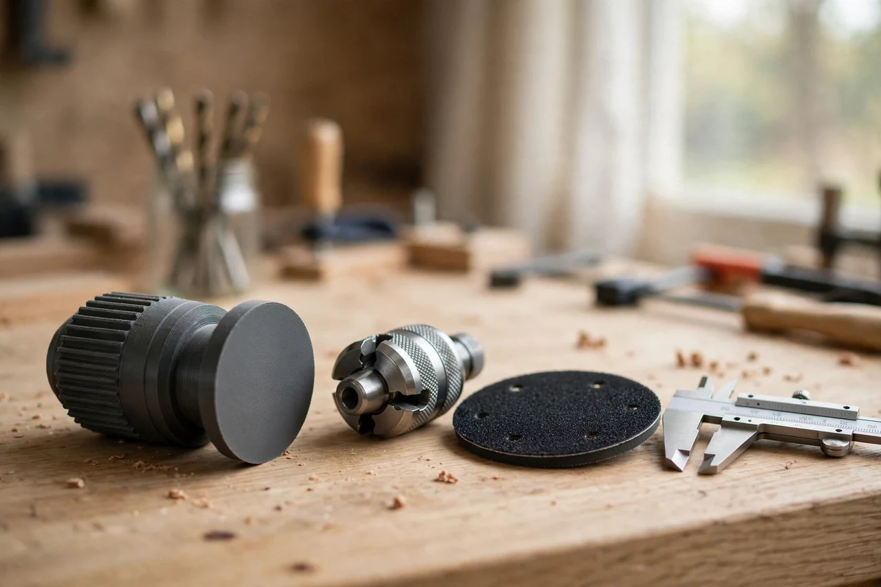 Home workshop scene on a light oak workbench, a matte charcoal-gray 3D printed drill chuck to sanding disc adapter beside a drill chuck and a sanding disc backing pad and a pair of calipers, soft natural window light, shallow depth of field