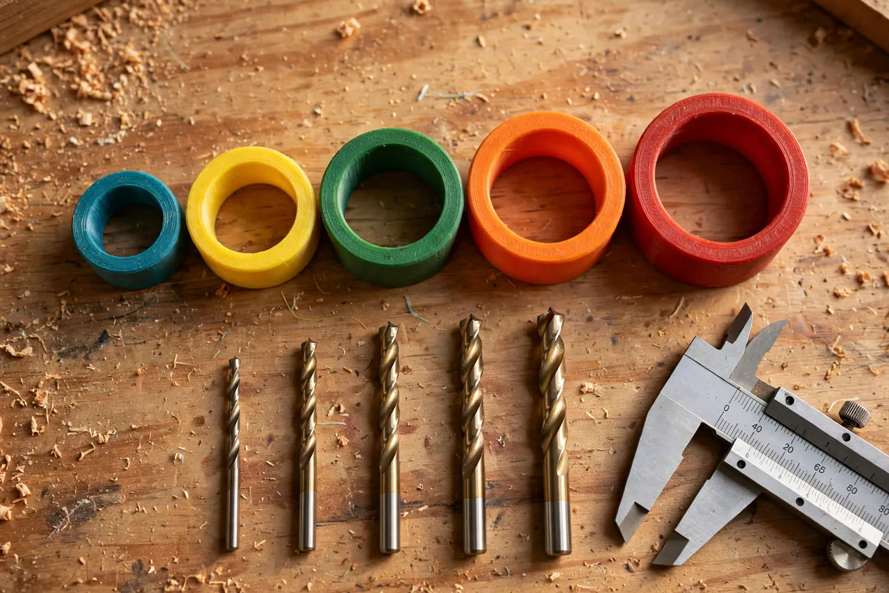 Close-up top-down view of a set of colorful 3D printed drill depth stop collars in different sizes arranged in a neat row on a workbench next