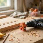 A bright home workshop scene on a light oak workbench