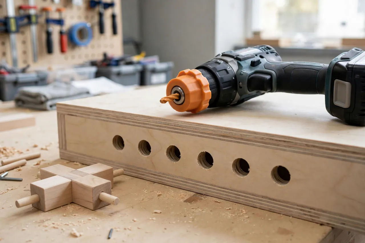 A wooden shelf side panel with a row of clean, evenly spaced blind holes drilled to identical depth