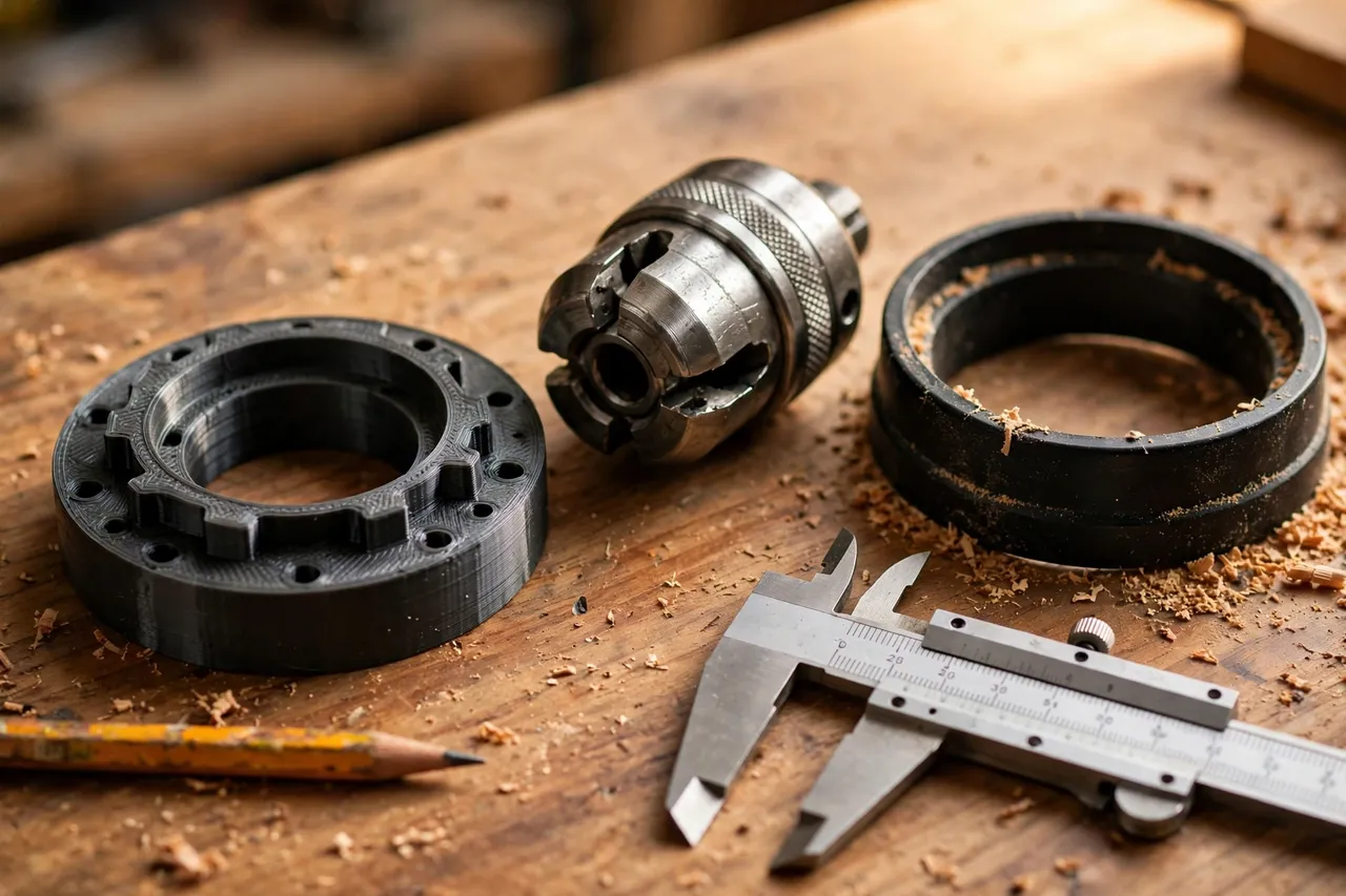 Close-up of a 3D printed adapter ring beside a drill chuck and a round dust shroud on a workbench, calipers and a pencil nearby