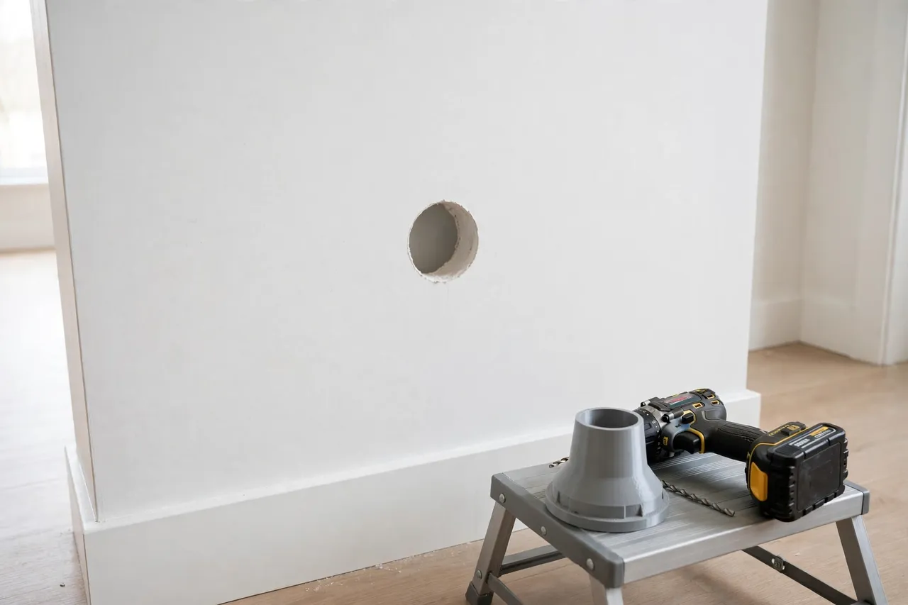 A finished drilled hole in a clean wall with almost no dust on the floor below