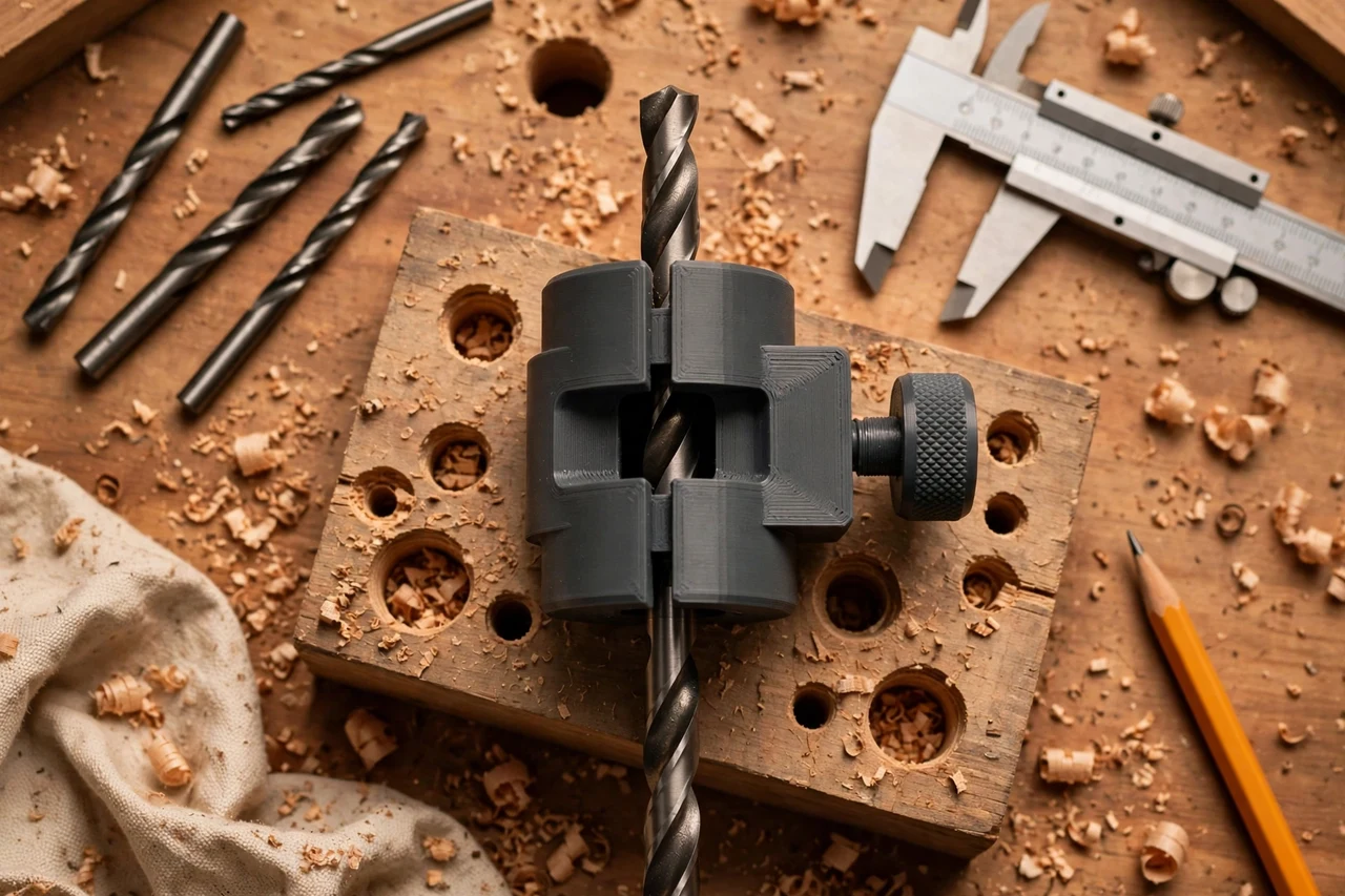 Close-up top-down view of a matte charcoal-gray 3D printed drill press depth stop gauge being test-fitted against drill press bits and stopped holes on a workbench, calipers and a pencil nearby, warm workshop lighting