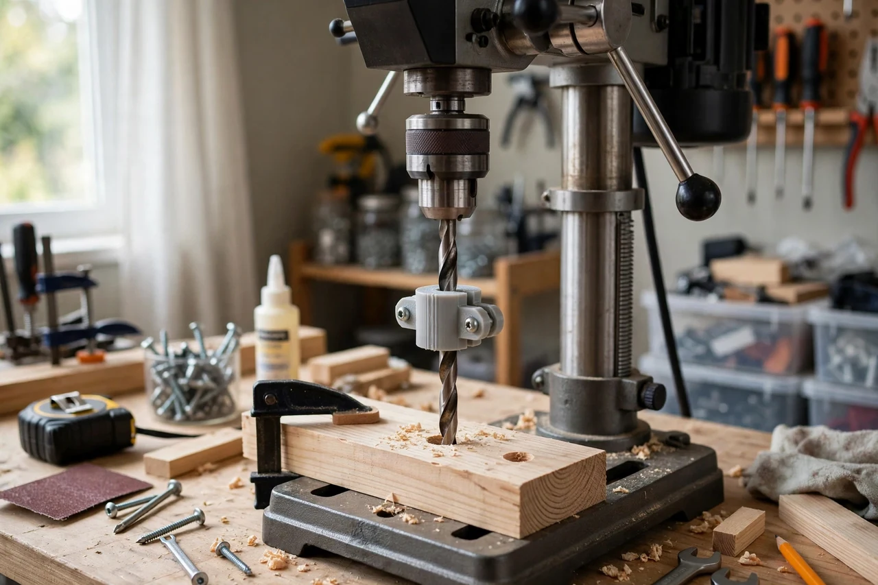 View of the finished 3D printed drill press depth stop gauge in use on a home repair project on a workbench, tidy workshop background in soft focus, bright natural light