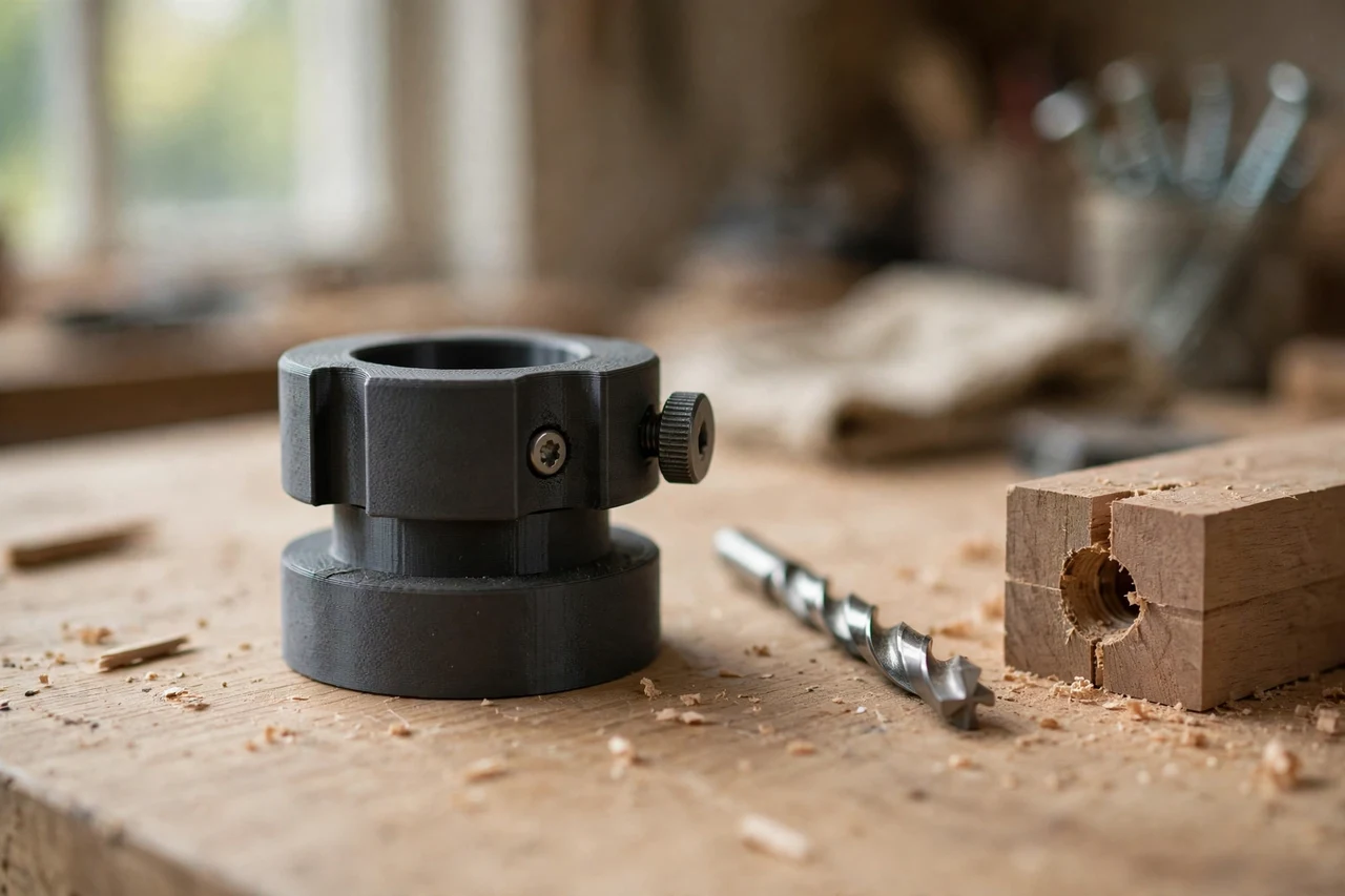 Home workshop scene on a light oak workbench, a matte charcoal-gray 3D printed drill press depth stop gauge beside a drill bit and a stopped-hole workpiece, soft natural window light, shallow depth of field