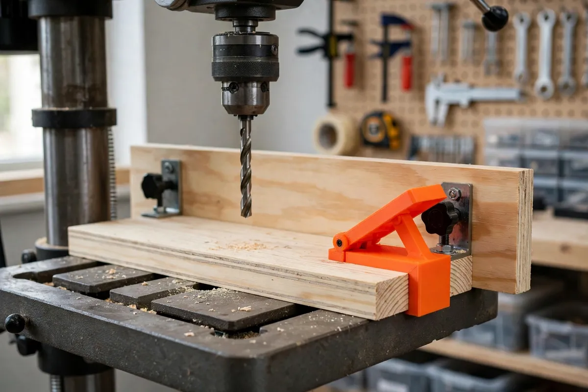 A drill press table fitted with a wooden fence and a bright orange 3D printed flip stop locked down against the end of a pine board positioned under