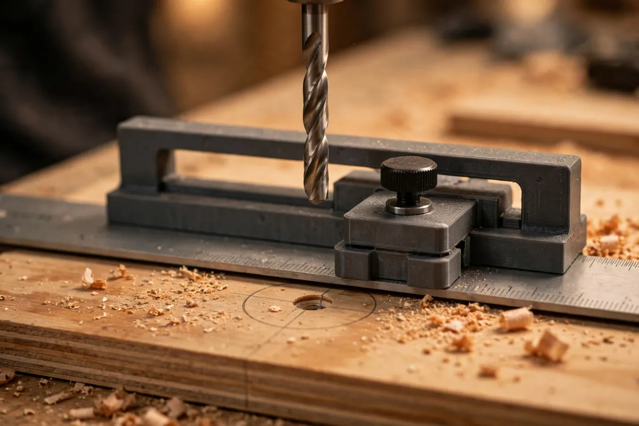 Close-up view of a 3D printed drill press fence with a sliding stop block locked on a ruler scale