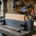 A bright home workshop scene, a matte charcoal-gray 3D printed fence and stop mounted on a drill press table