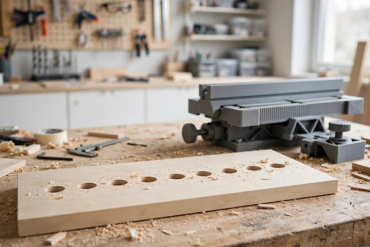 A wooden board with a perfectly straight row of evenly spaced drilled holes lying on a workbench