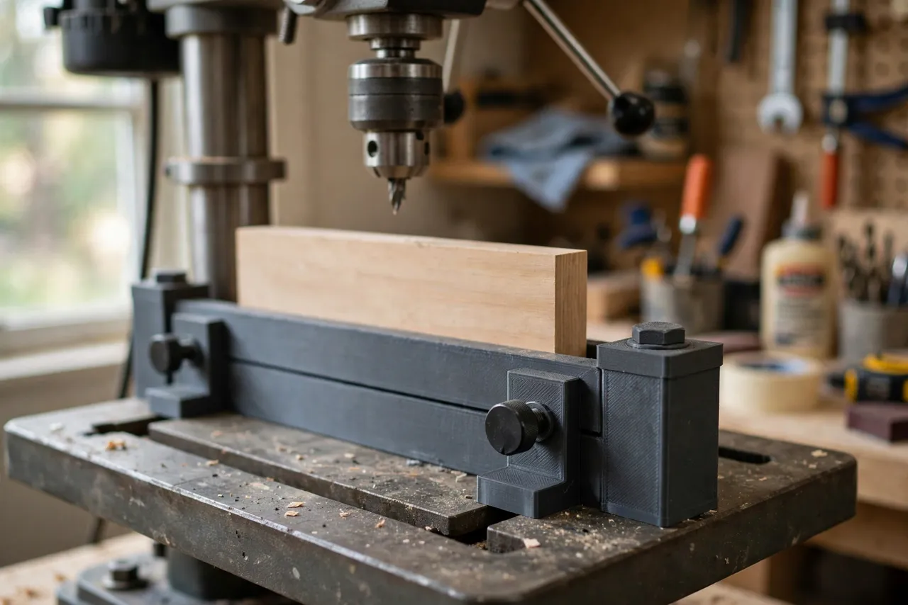 A bright home workshop scene, a matte charcoal-gray 3D printed fence and stop mounted on a drill press table