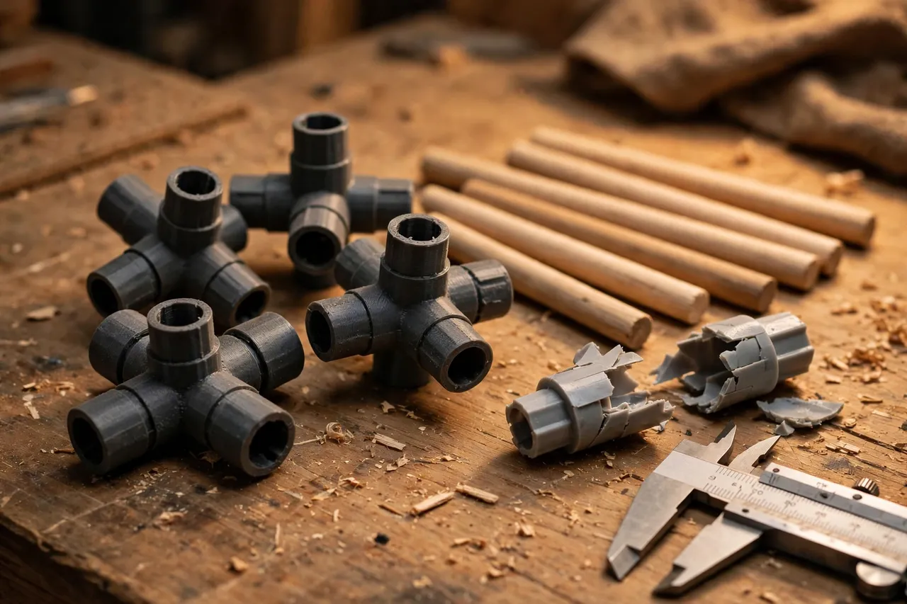 Close-up on a workbench of several 3D printed drying rack connectors in charcoal gray beside wooden dowels and a broken plastic connector, a caliper