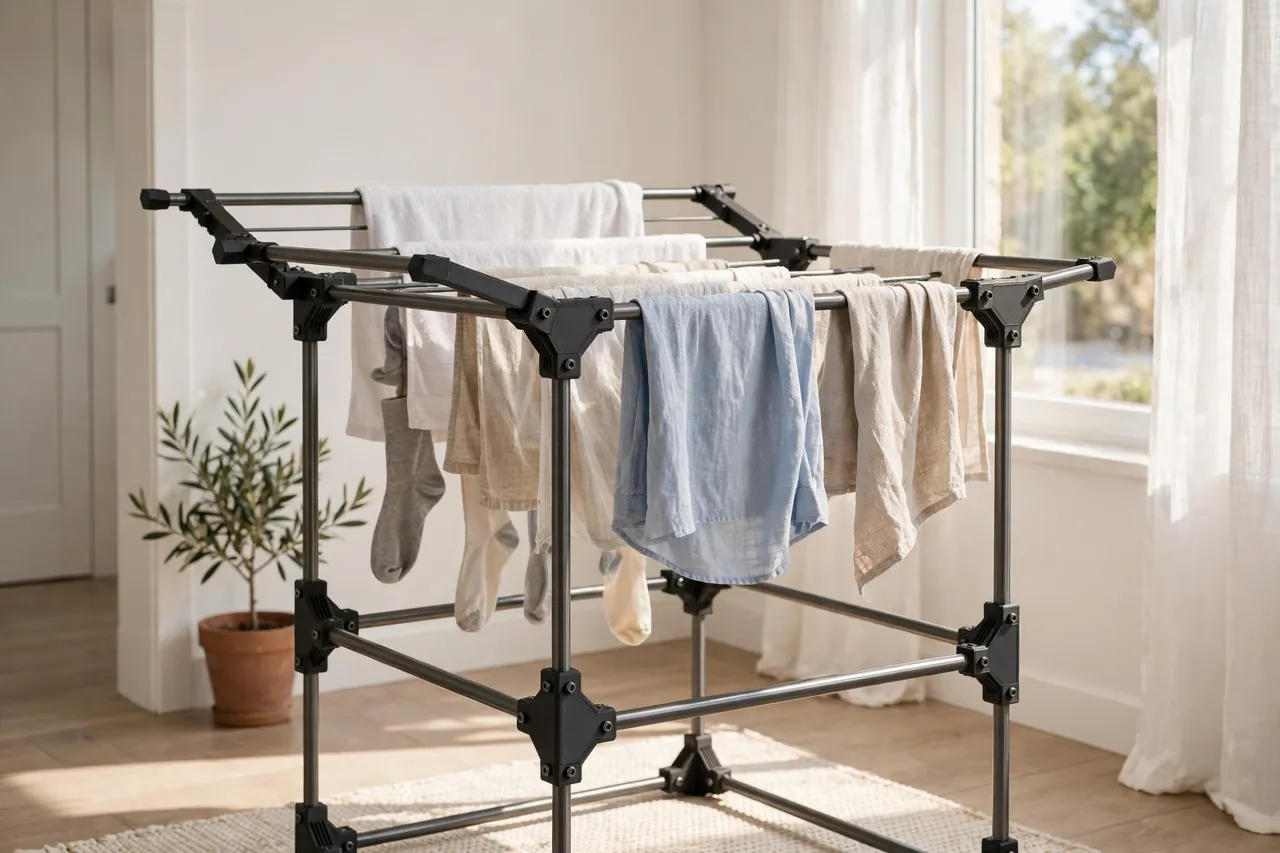 A finished drying rack standing steady in a sunny room with laundry draped over its rails, printed connectors visible at the joints