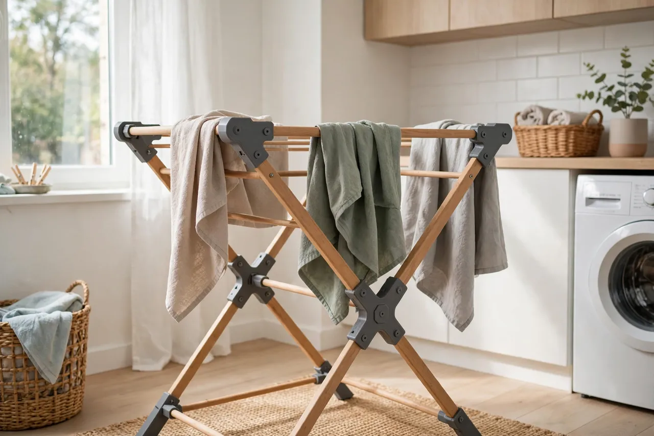A bright laundry room scene, a wooden folding drying rack with matte gray 3D printed connectors joining its rails