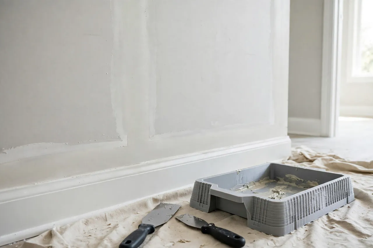 A drywall wall with freshly taped and coated joints, smooth and ready for sanding