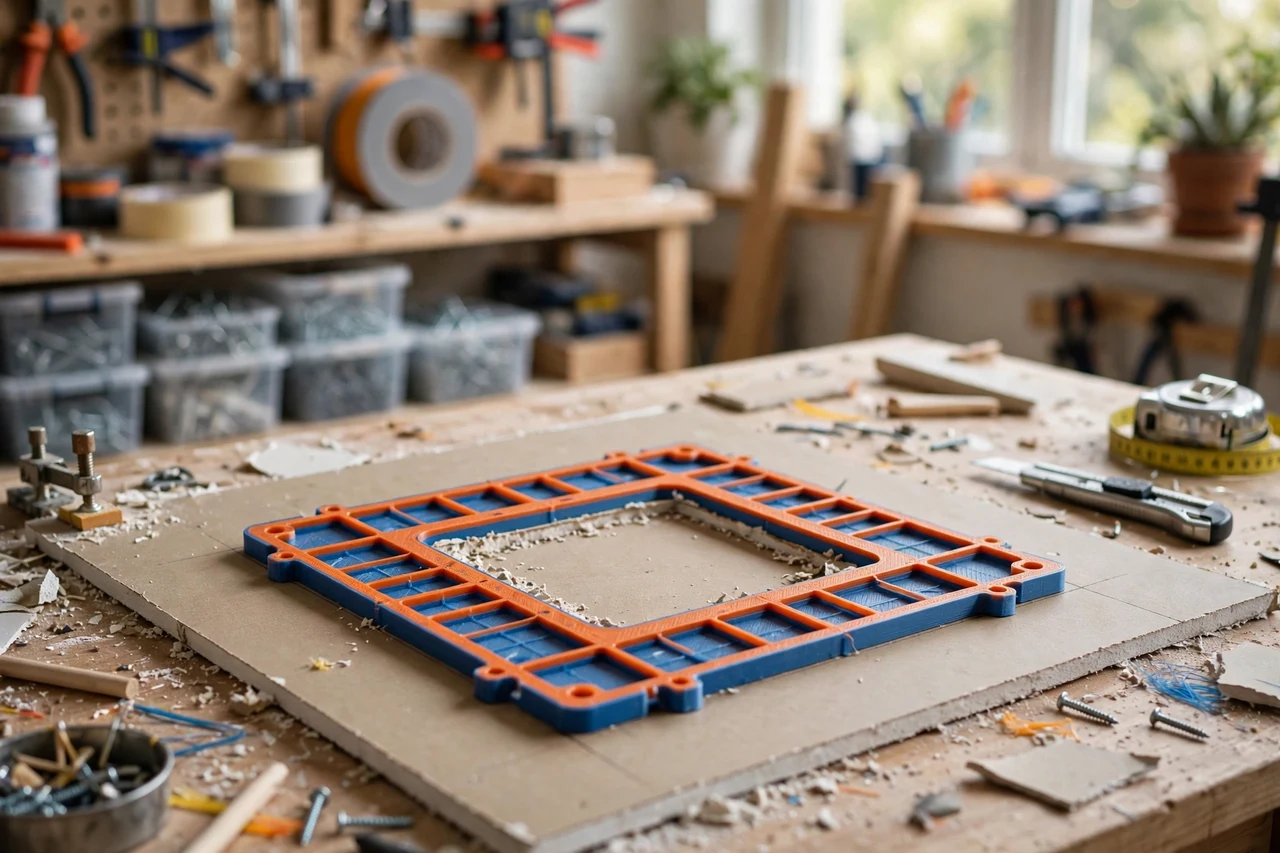 View of the finished 3D printed drywall patch cutting template in use on a home improvement project on a workbench, tidy workshop background in soft focus, bright natural light