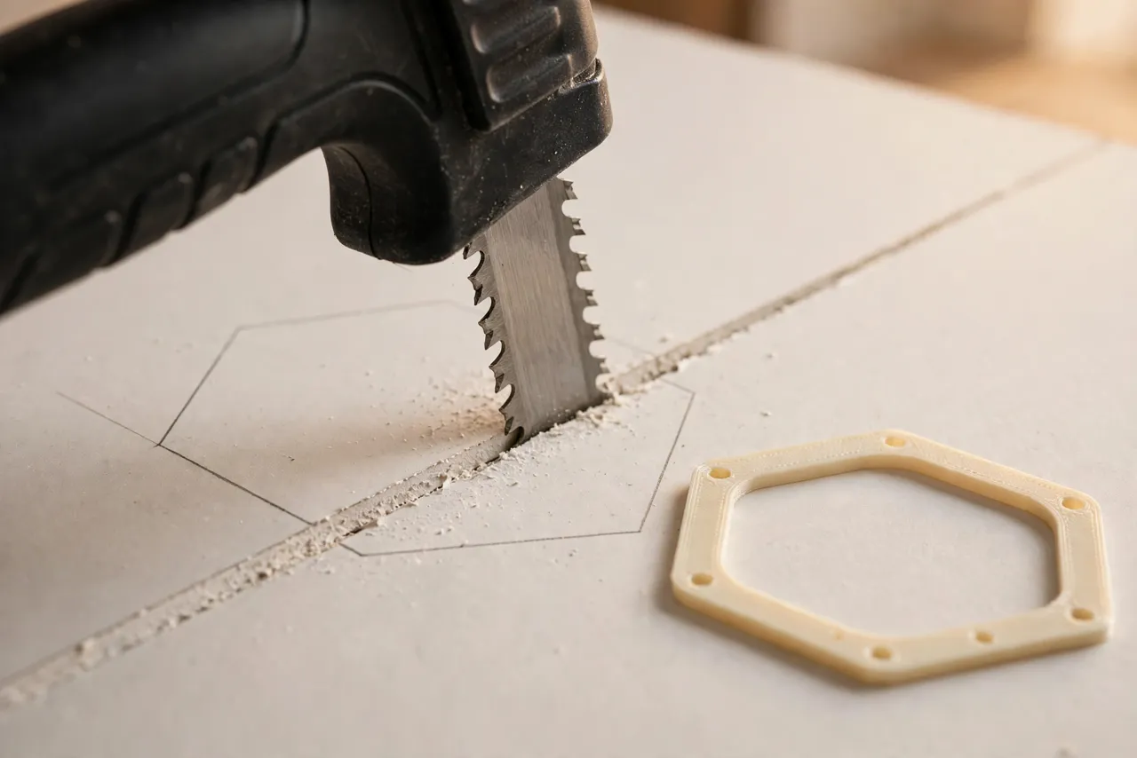 Close-up view of a drywall saw cutting along a traced template outline in a white wall, clean straight edges and minimal dust