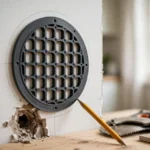 A bright home interior scene, a matte charcoal-gray 3D printed drywall patch template held against a white wall with a pencil tracing its outline