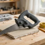 A bright home workshop scene on a light oak workbench