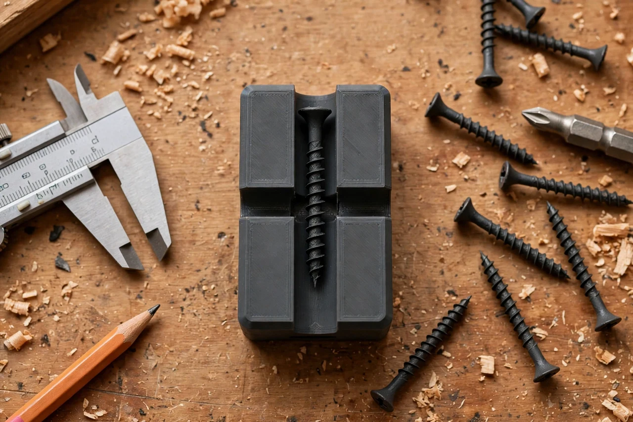 Close-up top-down view of a matte charcoal-gray 3D printed drywall screw depth gauge being test-fitted against drywall screws and a screwdriver bit on a workbench, calipers and a pencil nearby, warm workshop lighting