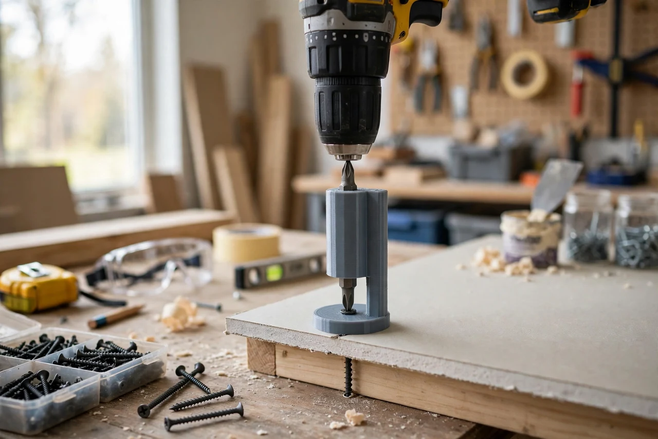 View of the finished 3D printed drywall screw depth gauge in use on a home improvement project on a workbench, tidy workshop background in soft focus, bright natural light