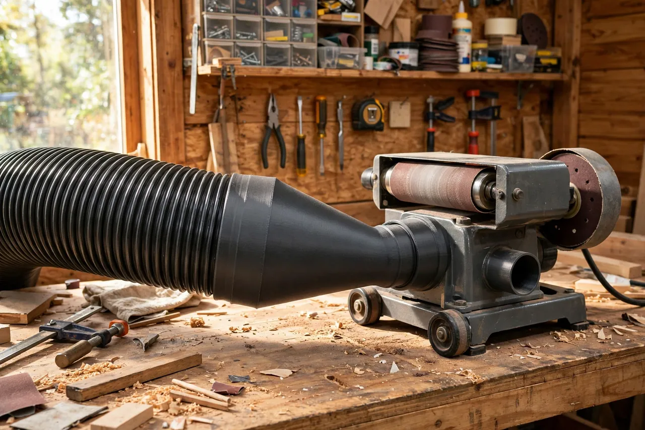 A bright home workshop scene, a matte charcoal-gray 3D printed conical dust hose reducer joining a large ribbed 4-inch dust hose to a smaller tool