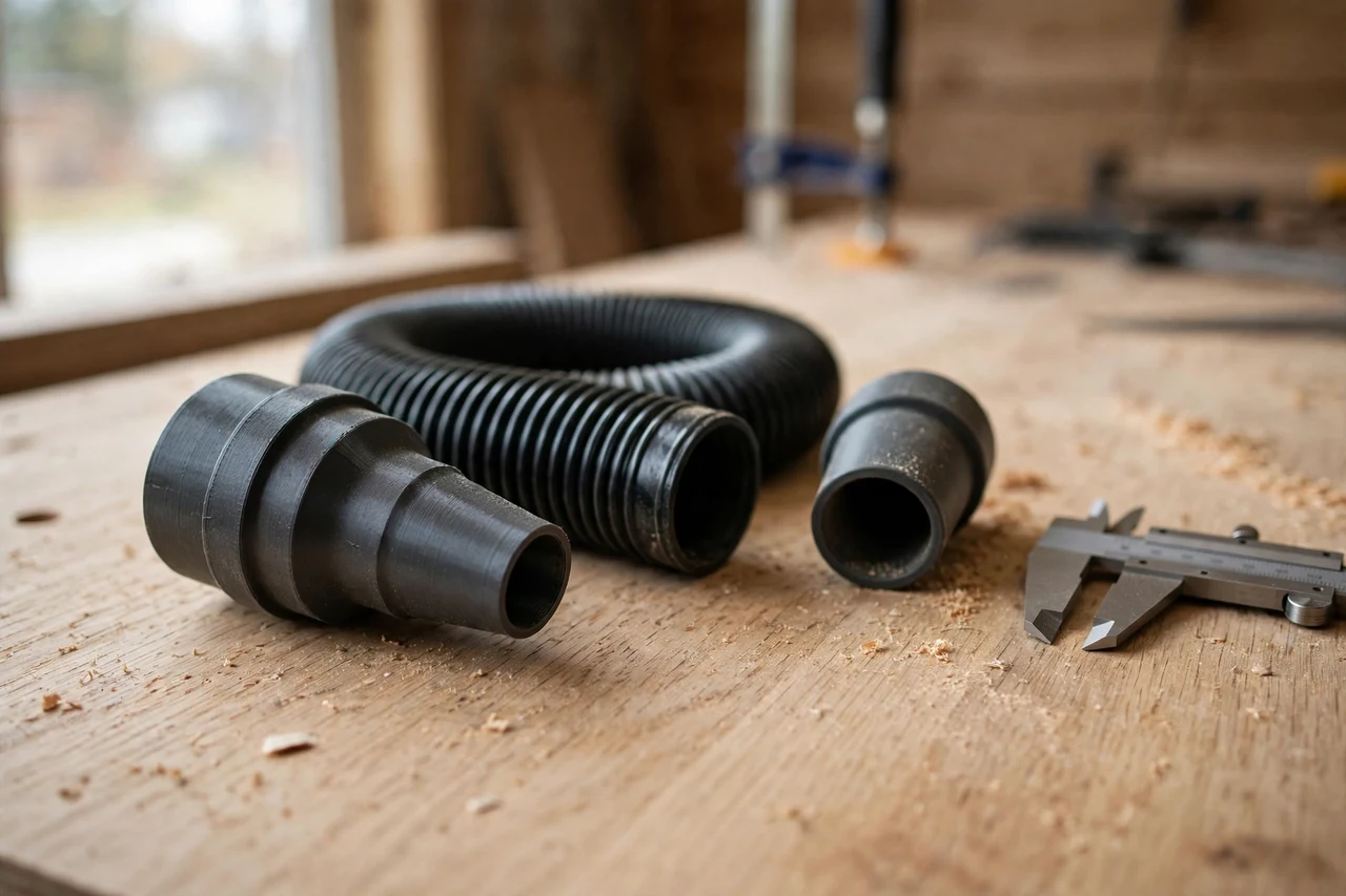 Home workshop scene on a light oak workbench, a matte charcoal-gray 3D printed dust hose to saw port adapter beside a dust hose and a saw dust port and a pair of calipers, soft natural window light, shallow depth of field
