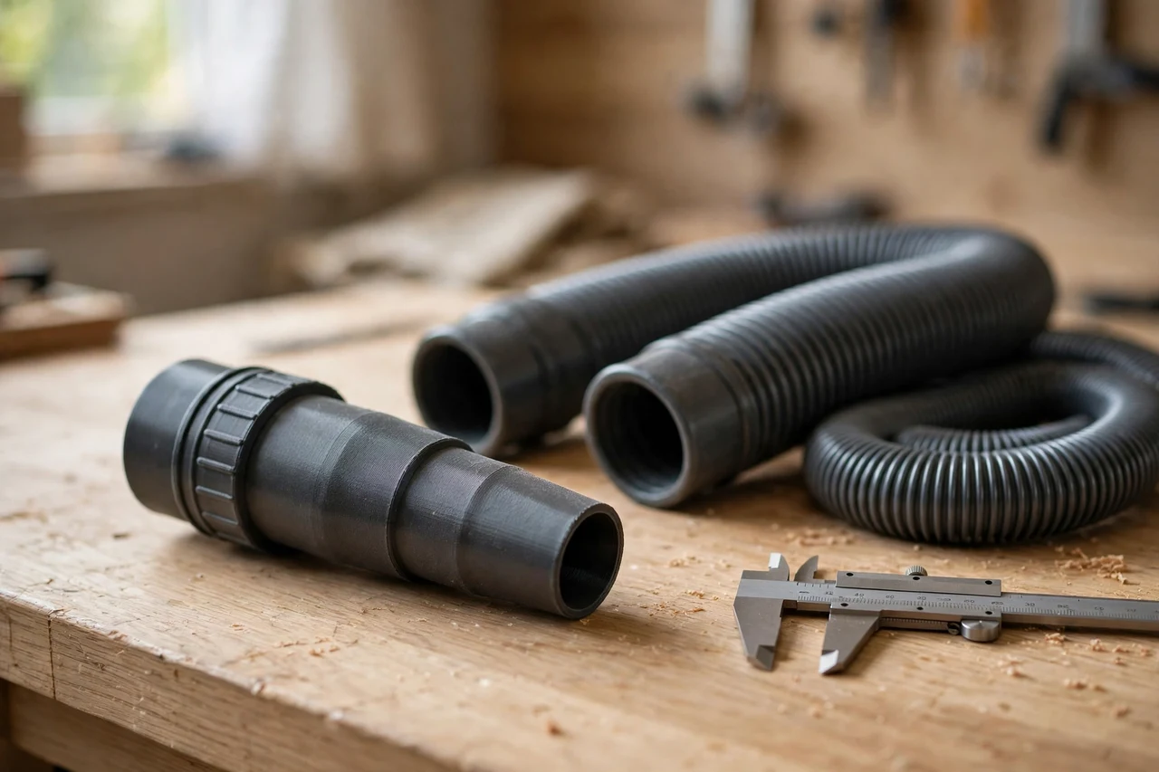 Home workshop scene on a light oak workbench, a matte charcoal-gray 3D printed dust hose to vacuum coupler adapter beside two dust hoses of different sizes and a pair of calipers, soft natural window light, shallow depth of field