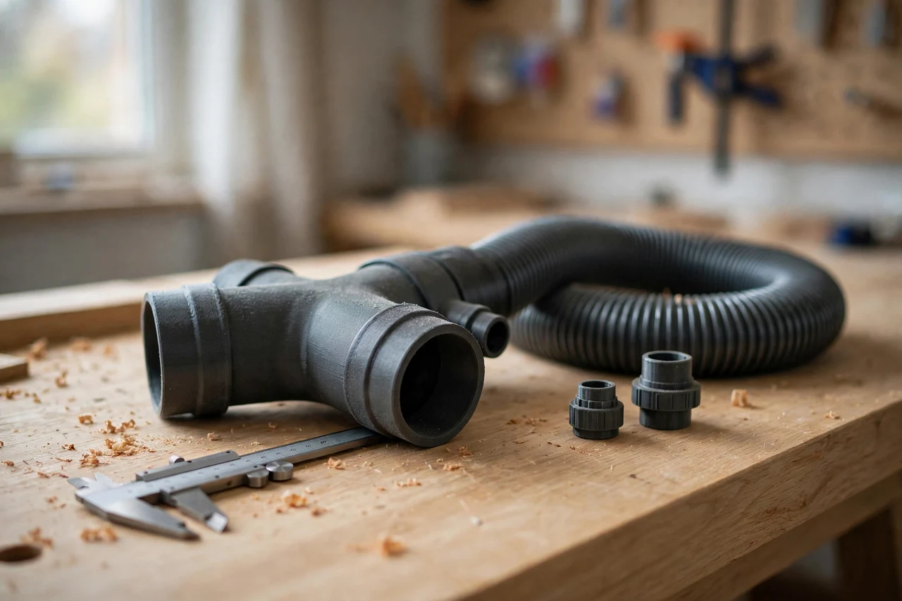 Home workshop scene on a light oak workbench, a matte charcoal-gray 3D printed dust hose y splitter connector beside a dust hose and two tool ports and a pair of calipers, soft natural window light, shallow depth of field