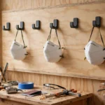 A bright home workshop wall with dust masks hanging from small matte charcoal-gray 3D printed wall hooks on a plywood panel beside a workbench, masks